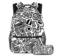 Zaino con astuccio, motivo: coniglio bianco e nero, con scritta "Stay Ahead of the class", set da 2 pezzi per ragazzi e ragazze, Multicolore#04, B:29.4x20x40cm P:19x7.5x3.8cm, Zaini Daypack