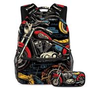 Zaino con astuccio per ragazzi e ragazze, motivo moto, per liberare la creatività, set da 2 pezzi, Multicolore#04, B:29.4x20x40cm P:19x7.5x3.8cm, Zaini Daypack