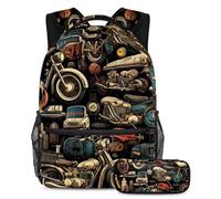 Zaino con astuccio per ragazzi e ragazze, motivo moto, per liberare la creatività, set da 2 pezzi, Multicolore#02, B:29.4x20x40cm P:19x7.5x3.8cm, Zaini Daypack