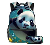 Zaino con astuccio, set da 2 pezzi indispensabile per la scuola per bambini, ragazzi e adolescenti, adorabile panda che nuota sott'acqua, Multicolore#02, B：29.4x20x40cm P：19x7.5x3.8cm, Zaini Daypack