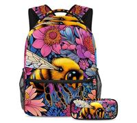 Zaino con astuccio, set da 2 pezzi indispensabile per la scuola per ragazzi, ragazze, adolescenti, disegno a colori con api, Multicolore#01, B：29.4x20x40cm P：19x7.5x3.8cm, Zaini Daypack