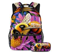 Zaino con astuccio, set da 2 pezzi indispensabile per la scuola per ragazzi, ragazze, adolescenti, disegno a colori con api, Multicolore#02, B：29.4x20x40cm P：19x7.5x3.8cm, Zaini Daypack