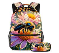 Zaino con astuccio, set da 2 pezzi indispensabile per la scuola per ragazzi, ragazze, adolescenti, disegno a colori con api, Multicolore#05, B：29.4x20x40cm P：19x7.5x3.8cm, Zaini Daypack