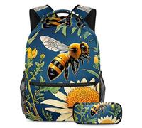 Zaino con astuccio, set da 2 pezzi indispensabile per la scuola per ragazzi, ragazze, adolescenti, disegno a colori con api, Multicolore#07, B：29.4x20x40cm P：19x7.5x3.8cm, Zaini Daypack