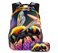 Zaino con astuccio, set da 2 pezzi indispensabile per la scuola per ragazzi, ragazze, adolescenti, disegno a colori con api, Multicolore#03, B：29.4x20x40cm P：19x7.5x3.8cm, Zaini Daypack