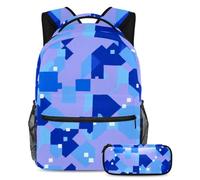 Zaino con astuccio, set da 2 pezzi per ragazzi ragazze adolescenti, borsa per libri da viaggio per studenti, motivo geometrico quadrato blu, Multicolore, B:29.4x20x40cm P:19x7.5x3.8cm, Zaini Daypack