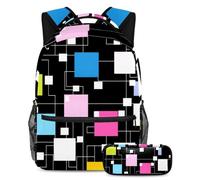 Zaino con astuccio, set di 2 zaini per la scuola, per ragazzi e ragazze, motivo geometrico quadrato, Multicolore, B:29.4x20x40cm P:19x7.5x3.8cm, Zaini Daypack