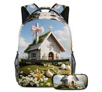 Zaino con astuccio, un elegante e pratico set di zaini per la scuola per ragazzi, ragazze e adolescenti, casa bianca con croce pasquale, Multicolore, B：29.4x20x40cm P：19x7.5x3.8cm, Zaini Daypack