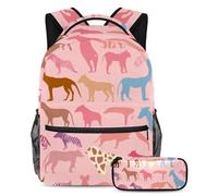 Zaino con astuccio, una borsa per libri indispensabile per ragazzi, ragazze e adolescenti, silhouette animale rosa, Multicolore, B:29.4x20x40cm P:19x7.5x3.8cm, Zaini Daypack