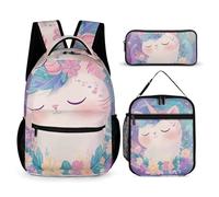 Zaino con borsa per il pranzo e set di borse porta libri con simpatici unicorni, gatti e ghirlanda floreale