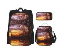 Zaino con borsa termica per il pranzo e astuccio - Oxford Travel Daypack | Lonely Bench Sunset combo con borsa termica per il pranzo e astuccio multi-slot, adatto per viaggi e uso esterno