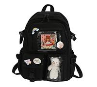 Zaino con ciondolo a forma di orso e, grande capacità orso zaino per la scuola multi tasca borsa da scuola giapponese per ragazze adolescenti, Nero,