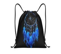 Zaino con Coulisse Blue Dream Catcher with Feathers, Beads, Black Background Drawstring Backpack Impermeabile Borsa con Coulisse Leggero Sportiva Zainetto per Spiaggia Scuola Vacanze