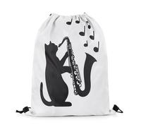 Zaino con Coulisse Cat Black Saxophone Music Theme Musical Notes Black White Musical Instrument Sacca Sportiva Fashion Gym Sack Unisex Sacche Sportive per Viaggi Scuola Palestra 36X42CM