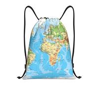 Zaino con coulisse e stampa mappa del mondo, impermeabile, per sport, palestra, yoga, per uomo e donna, Nero , M