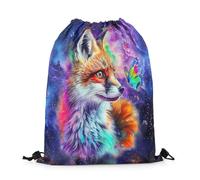 Zaino con Coulisse Fox Hand Drawn Kawaii Fox Cartoon Spatter Rainbow Wild Butterfly Purple Blue Green Sacca Sportiva Unisex Drawstring Bag Portaoggetti Gym Sack per Palestra Scuola 36X42CM