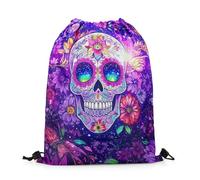 Zaino con Coulisse Halloween Sugar Skull Flower Botanical Gothic Skeleton Bones Trippy Flower Skull Print Sacca Sportiva Fashion Drawstring Bag Sport Borsa con Coulisse per 36X42CM