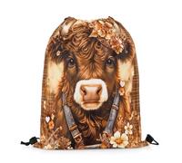 Zaino con Coulisse Highland Cow Cartoon Longhorn Cute Farmhouse Animals Rustic Flower Flowers Sacca Sportiva Portaoggetti Sacche Sportive Sport Gym Sack per Palestra Escursionismo Scuola 36X42CM