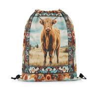 Zaino con Coulisse Highland Cow Western Farmhouse Ethnic Tribes Rustic Farm Country Vintage Wild Animals Sacca Sportiva Sport Drawstring Bag Fashion Gym Sack per Scuola Palestra 36X42CM