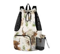 Zaino con coulisse in stile rustico con mucca scozzese con tasche impermeabili
