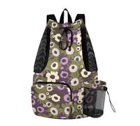 Zaino con coulisse per donne e uomini, borsa da campeggio estiva con porta bottiglia d'acqua borsa a corda per la scuola separazione bagnata e asciutta fiori rotondi bianchi viola