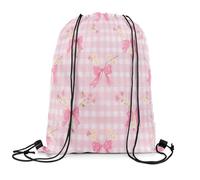 Zaino con Coulisse Pink Bowknot Geometry Grids Romantic Princess Style Cute Bow Bow-Tie Print Sacca Sportiva Portaoggetti Gym Sack Sport Borsa con Coulisse per Scuola Viaggi 36X42CM