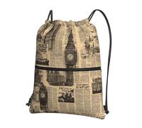 Zaino con coulisse vintage, carta da giornale, modello London Gym, per donne e uomini