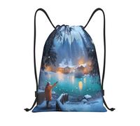 Zaino con Coulisse Winter Wonderland By Snowy Lakehouse Path Drawstring Backpack Grande capacità Borsa con Coulisse Pieghevole Sacchetta Sportiva per Spiaggia Viaggi Unisex