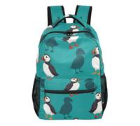 Zaino con motivo sirena, con tasche multiple, per scuola e viaggi, colore: blu, Puffins Cartoon Teal 2, Medium, Zaino casual per la scuola | Borsa per libri con tasche principali e interne per bambini in età scolare, comoda imbottitura per le spalle