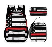 Zaino con porta pranzo e borsa per cosmetici, set di zaini con bandiera americana retrò vintage e sottile linea rossa, zaino con borsa per il pranzo e borse portaoggetti