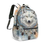 Zaino con ritratto di lupo esotico con piume blu e perline dorate, 40,6 cm, zaino con illustrazione realistica, 02, L, Casual