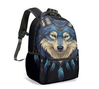 Zaino con ritratto di lupo esotico con piume blu e perline dorate, 40,6 cm, zaino con illustrazione realistica, 01, L, Casual