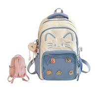 Zaino con simpatico gatto Kawaii Ita con display a spillo, per ragazze e donne, Y2K, zaino in nylon con ciondolo in peluche e 5 distintivi, 2 misure, Blu, 43 cm