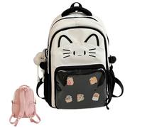 Zaino con simpatico gatto Kawaii Ita con display a spillo, per ragazze e donne, Y2K, zaino in nylon con ciondolo in peluche e 5 distintivi, 2 misure, Nero , 43 cm
