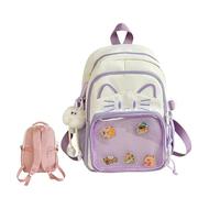 Zaino con simpatico gatto Kawaii Ita con display a spillo, per ragazze e donne, Y2K, zaino in nylon con ciondolo in peluche e 5 distintivi, 2 misure, Viola, 34cm