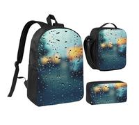 Zaino con stampa gocce di pioggia su vetro, set da 3 pezzi, include una grande borsa per libri da 43 cm con borsa per il pranzo e pratica borsa per le penne, nero, Taglia unica