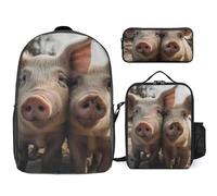 Zaino da 3 pezzi per donne e uomini, leggero, casual, borsa a tracolla, set con borsa termica per il pranzo e astuccio organizer con maiali insieme