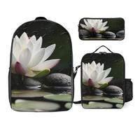 Zaino da 3 pezzi per donne e uomini, leggero, casual, borsa a tracolla, set con borsa termica per il pranzo e astuccio organizer con fiori e pietre zen nere