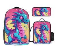 Zaino da 3 pezzi per donne e uomini, leggero, casual, borsa a tracolla, set con borsa termica per il pranzo e astuccio organizer con motivo drago dei cartoni animati
