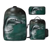 Zaino da 3 pezzi per donne e uomini, leggero, casual, borsa a tracolla, set con borsa termica per il pranzo e astuccio organizer un pinguino nell'acqua
