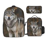 Zaino da 3 pezzi per donne e uomini, leggero, casual, borsa a tracolla, set con borsa termica per il pranzo e astuccio organizer Wild Wild Grey Wolf