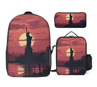 Zaino da 3 pezzi per donne e uomini, leggero, casual, borsa a tracolla, set con borsa termica per il pranzo e astuccio organizer con silhouette Statua della Libertà