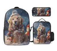 Zaino da 3 pezzi per donne e uomini, leggero, casual, borsa a tracolla, set con borsa termica per il pranzo e astuccio organizer Merry Christmas carino cane pupazzo di neve