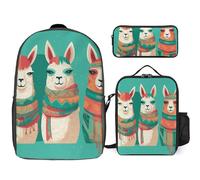 Zaino da 3 pezzi per donne e uomini, leggero, casual, borsa a tracolla, set con borsa termica per il pranzo e astuccio organizer tre simpatici alpaca