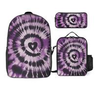 Zaino da 3 pezzi per donne e uomini, leggero, casual, borsa a tracolla, set con borsa termica per il pranzo e astuccio organizer viola tie dye