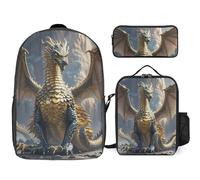 Zaino da 3 pezzi per donne e uomini, leggero, casual, borsa a tracolla, set con borsa termica per il pranzo e astuccio organizer drago viola luna