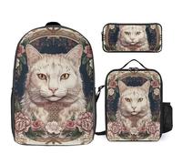 Zaino da 3 pezzi per donne e uomini, leggero, casual, borsa a tracolla, set con borsa termica per il pranzo e astuccio organizer con fiori e gatto bianco