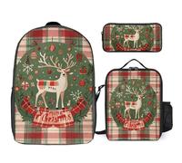 Zaino da 3 pezzi per donne e uomini, leggero, casual, borsa a tracolla, set con borsa termica per il pranzo e astuccio organizer vintage con venature del legno e fauna selvatica natalizia