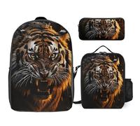 Zaino da 3 pezzi per donne e uomini, leggero, casual, borsa a tracolla, set con borsa termica per il pranzo e astuccio organizer feroce tigre, stile, taglia unica