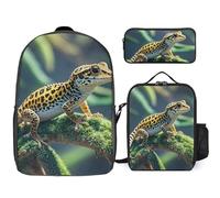 Zaino da 3 pezzi per donne e uomini, leggero, casual, borsa a tracolla, set con borsa termica per il pranzo e astuccio organizer leopardato piccolo geco